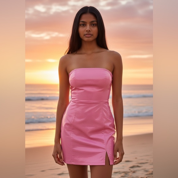SHEIN Dresses & Skirts - Shiny Pink Pleather Strapless Dress- Size L
